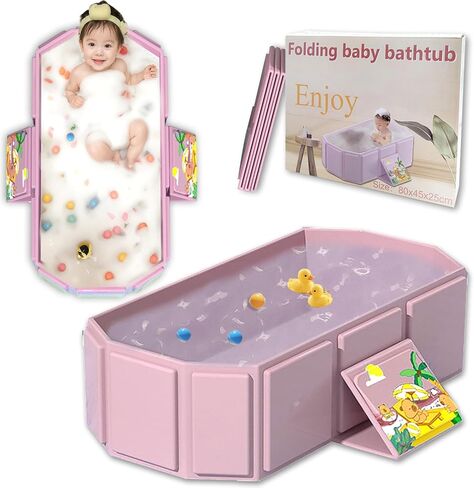 Baby Foldable Children's Bathtub, Portable Non-Slip Shower Tray for Kids, Toddler Bath Tub with Drain Plug, Boys and Girls Bathroom Water Pool, Cat and Dog Pet Wash Shower Basin (Pink) in Saudi Arabia