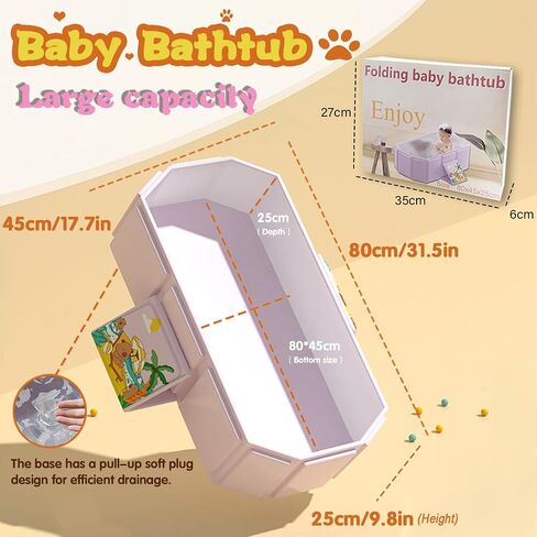 Baby Foldable Children's Bathtub, Portable Non-Slip Shower Tray for Kids, Toddler Bath Tub with Drain Plug, Boys and Girls Bathroom Water Pool, Cat and Dog Pet Wash Shower Basin (Pink) in Saudi Arabia