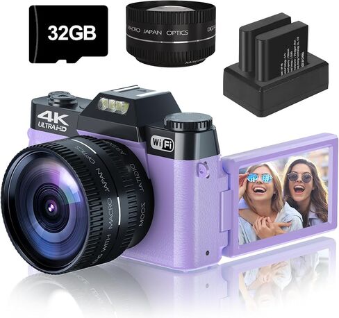 Digital Camera for Photography,4K 56MP Vlogging Camera for YouTube,3" 180° Flip Screen,16X Digital Zoom and Autofocus,52mm Wide Angle & Macro Lens,32G Micro SD Card and 2 Batteries(Purple) in Saudi Arabia