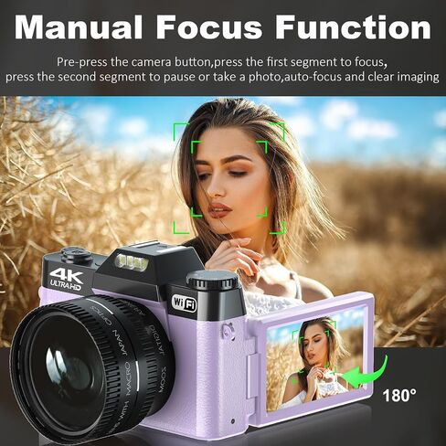 Digital Camera for Photography,4K 56MP Vlogging Camera for YouTube,3" 180° Flip Screen,16X Digital Zoom and Autofocus,52mm Wide Angle & Macro Lens,32G Micro SD Card and 2 Batteries(Purple) in Saudi Arabia