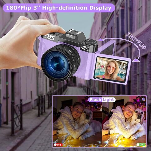Digital Camera for Photography,4K 56MP Vlogging Camera for YouTube,3" 180° Flip Screen,16X Digital Zoom and Autofocus,52mm Wide Angle & Macro Lens,32G Micro SD Card and 2 Batteries(Purple) in Saudi Arabia