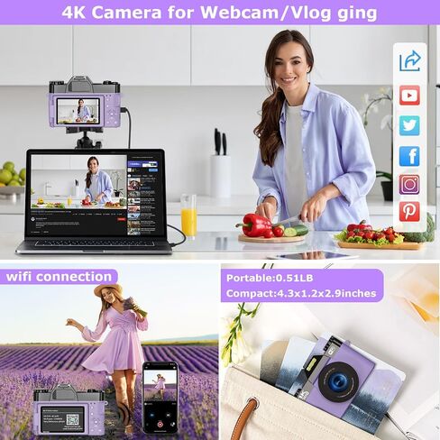 Digital Camera for Photography,4K 56MP Vlogging Camera for YouTube,3" 180° Flip Screen,16X Digital Zoom and Autofocus,52mm Wide Angle & Macro Lens,32G Micro SD Card and 2 Batteries(Purple) in Saudi Arabia