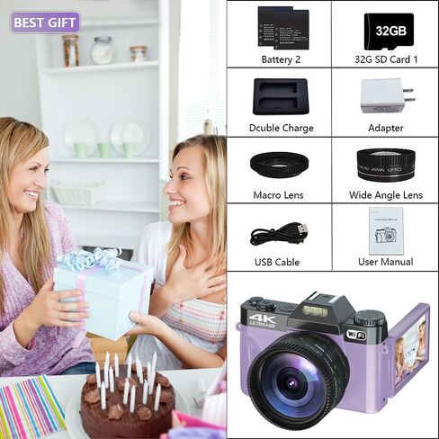 Digital Camera for Photography,4K 56MP Vlogging Camera for YouTube,3" 180° Flip Screen,16X Digital Zoom and Autofocus,52mm Wide Angle & Macro Lens,32G Micro SD Card and 2 Batteries(Purple) in Saudi Arabia