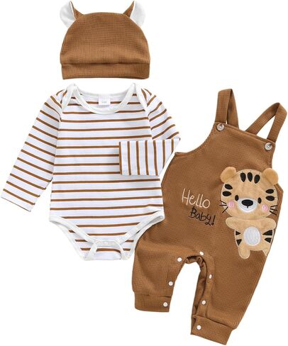 Baby Boy Clothes Set Infant Striped Long Sleeve Bodysuit Top Animal Suspender Pants Hat Newborn 3Pcs Fall Outfit in Saudi Arabia