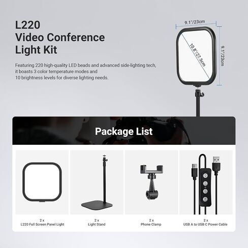 NEEWER Basics 10.8" Video Conference Lighting with Stand & Phone Holder, 15W Bi Color Edge Lit Full Screen Desk Light CRI95+ for Computer Laptop Webcam Zoom Calls Streaming Recording, L220 in Kuwait