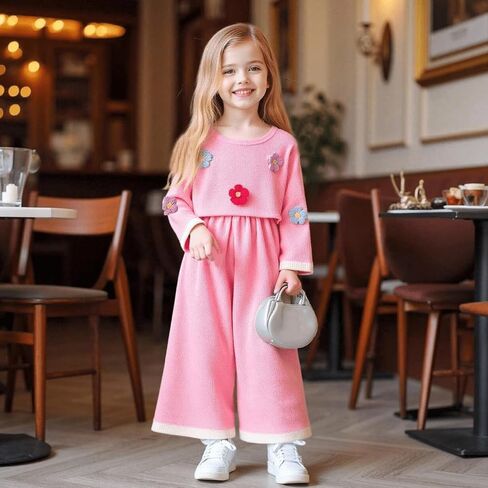 Girls 2 Piece Outfits 3D Flowers Round Neck Waffle Long Sleeve Pullover Sweater Crop Top Wide Leg Pants 4-8T in Saudi Arabia