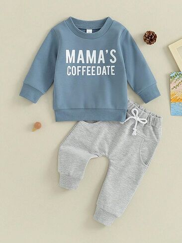 طقم قميص وسروال بأكمام طويلة للأطفال - قميص MAMA'S COFFEDATE وسروال سادة للنزهات in Saudi Arabia