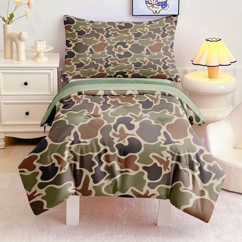 4 Pieces Toddler Duck Camo Bedding Set for Boys,Hunting Camouflage Toddler Comforter Set for Kids Bed in a Bag Includes Comforter, Flat Sheet, Fitted Sheet and Pillowcase in Saudi Arabia