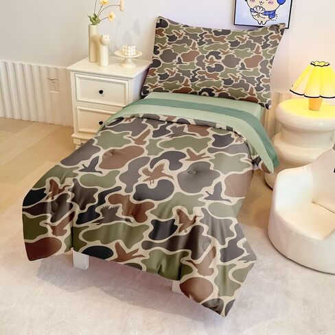 طقم سرير مموه للأطفال مكون من 4 قطع للأولاد، طقم لحاف للأطفال الصغار مموه للصيد في حقيبة تتضمن لحافًا وملاءة مسطحة وملاءة جاهزة وكيس وسادة in Kuwait