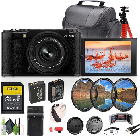 Fujifilm X-M5 Mirrorless Digital Camera with XC 15-45mm f/3.5-5.6 OIS PZ Lens Kit (Black) Bundle with 64GB UHS-II SDXC Memory Card + Flexible Vlogger Tripod + Bag + Filter and More in Saudi Arabia