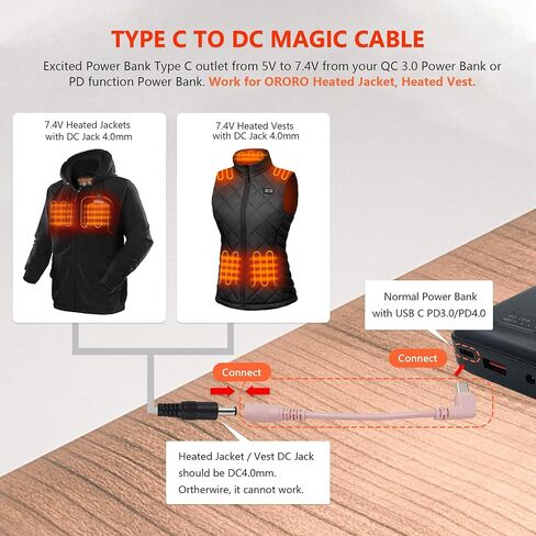 7.4V/9V Heated Jacket & Vest Battery Step-up Adapter Charger for ORORO,WASOTO Heated Jackets and Vests (Orange, USB C to DC) in Kuwait