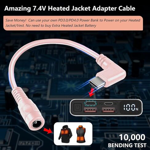 7.4V/9V Heated Jacket & Vest Battery Step-up Adapter Charger for ORORO,WASOTO Heated Jackets and Vests (Orange, USB C to DC) in Kuwait