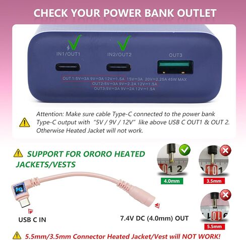 7.4V/9V Heated Jacket & Vest Battery Step-up Adapter Charger for ORORO,WASOTO Heated Jackets and Vests (Orange, USB C to DC) in Kuwait