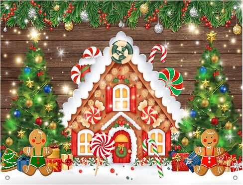 8x6FT Christmas Gingerbread House Backdrop Winter Glitter Tree Party Banner Decorations Merry Xmas Candy Photography Background Photo Booth Prop in Saudi Arabia