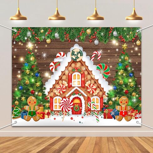 8x6FT Christmas Gingerbread House Backdrop Winter Glitter Tree Party Banner Decorations Merry Xmas Candy Photography Background Photo Booth Prop in Saudi Arabia