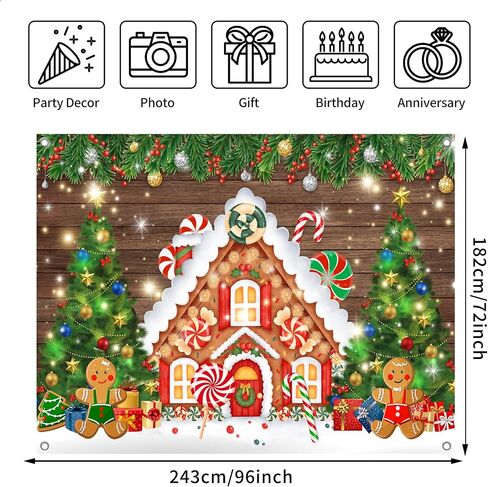 8x6FT Christmas Gingerbread House Backdrop Winter Glitter Tree Party Banner Decorations Merry Xmas Candy Photography Background Photo Booth Prop in Saudi Arabia