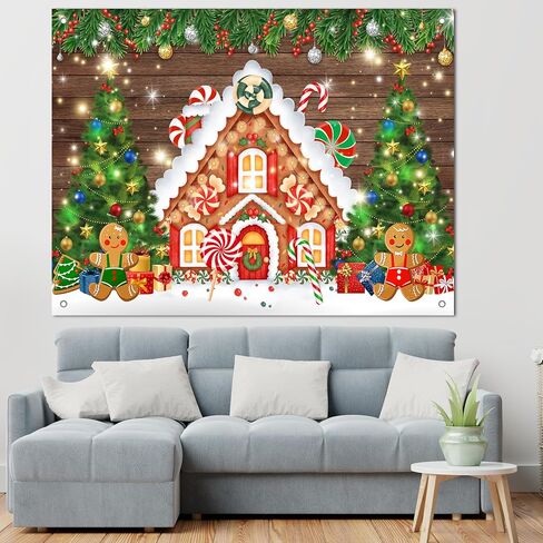 8x6FT Christmas Gingerbread House Backdrop Winter Glitter Tree Party Banner Decorations Merry Xmas Candy Photography Background Photo Booth Prop in Saudi Arabia