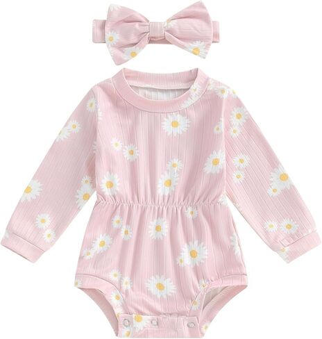 Baby Clothes for Girls Newborn Ribbed Romper Crewneck Bubble Bodysuit Infant Girls Fall Outfits 3 6 9 12 18 Months in Kuwait