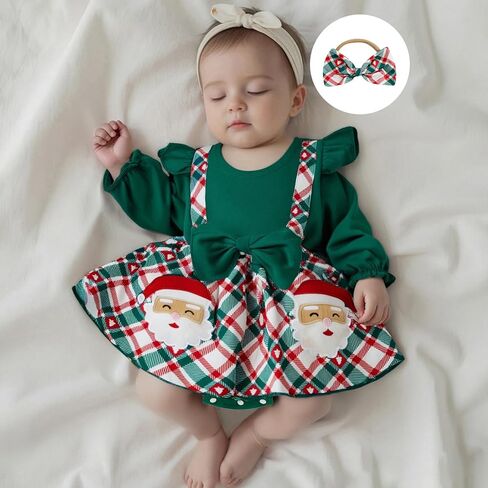 Ledy Champswiin Newborn Baby Girl Christmas Clothes Romper Dresses Ruffle Sleeve Onesie with Headband Infant Christmas Outfit in Saudi Arabia