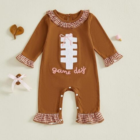 Newborn Baby Girl Football Outfit Game Day Rugby Long Sleeve Romper Ruffle Jumpsuit Infant Fall Winter Clothes in Saudi Arabia