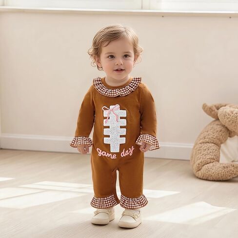 Newborn Baby Girl Football Outfit Game Day Rugby Long Sleeve Romper Ruffle Jumpsuit Infant Fall Winter Clothes in Saudi Arabia