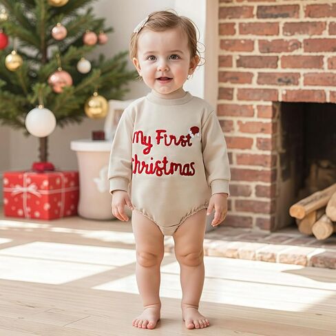 بدلة رومبير للأطفال الرضع من الأولاد والبنات My 1st Christmas Letters مطرزة بياقة دائرية وأكمام طويلة in Kuwait