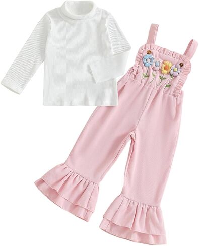 Kids Girls Outfit Long Sleeve Crew Neck T-shirt With Flower Overalls And Hat Fall Outfit in Kuwait