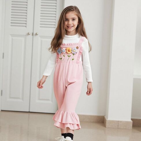 Kids Girls Outfit Long Sleeve Crew Neck T-shirt With Flower Overalls And Hat Fall Outfit in Kuwait