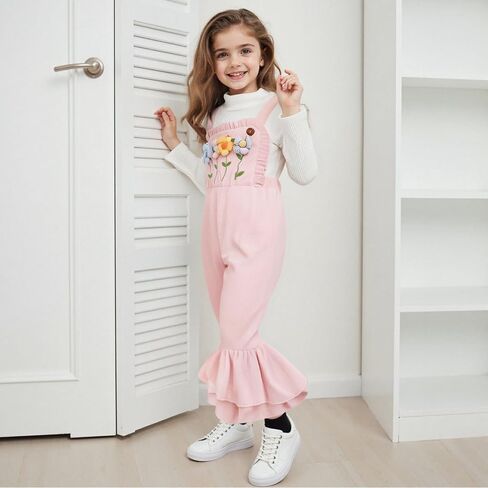 Kids Girls Outfit Long Sleeve Crew Neck T-shirt With Flower Overalls And Hat Fall Outfit in Kuwait