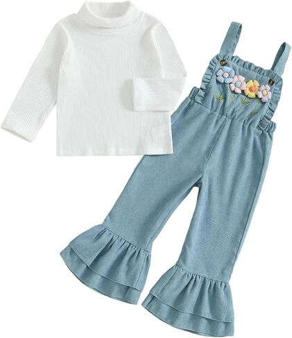 Kids Girls Outfit Long Sleeve Crew Neck T-shirt With Flower Overalls And Hat Fall Outfit in Kuwait