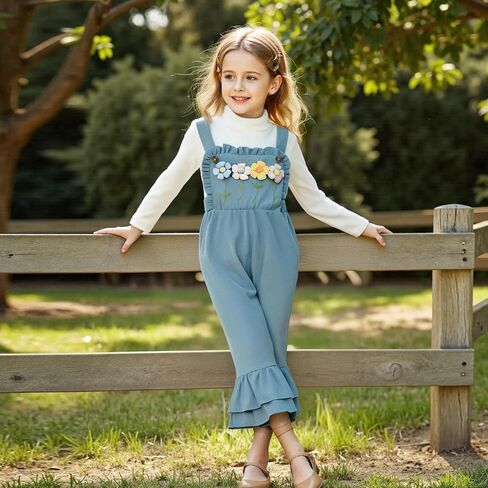 Kids Girls Outfit Long Sleeve Crew Neck T-shirt With Flower Overalls And Hat Fall Outfit in Kuwait