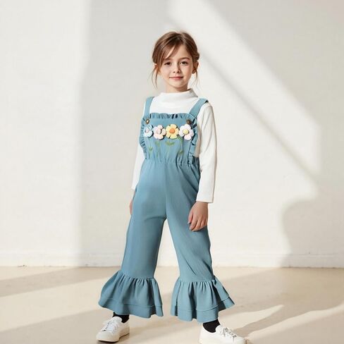 Kids Girls Outfit Long Sleeve Crew Neck T-shirt With Flower Overalls And Hat Fall Outfit in Kuwait