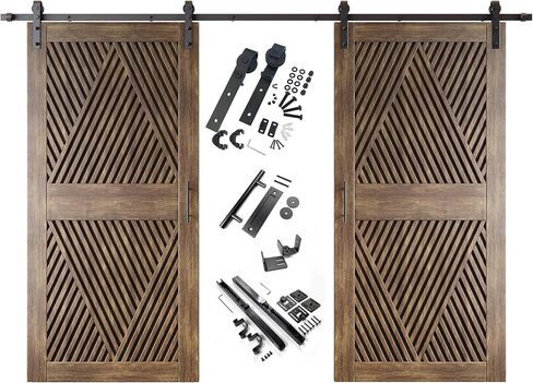 Homacer Dark Walnut 48 in. x 84 in. Diamond Design Two Barn Door with Non-Bypass Installation Hardware Kit, 18ft Track, Interior use only in Saudi Arabia