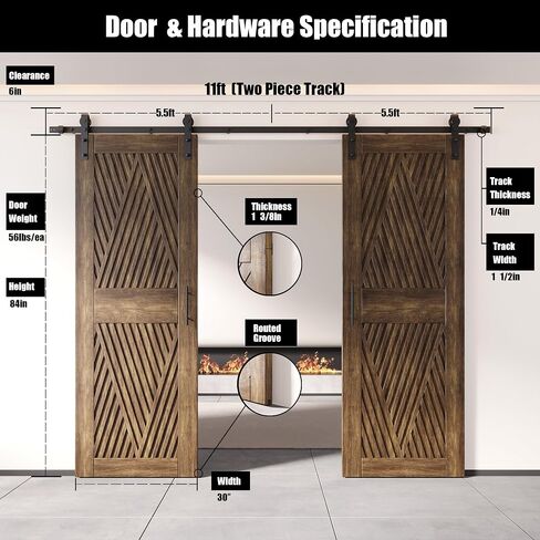 Homacer Dark Walnut 48 in. x 84 in. Diamond Design Two Barn Door with Non-Bypass Installation Hardware Kit, 18ft Track, Interior use only in Saudi Arabia
