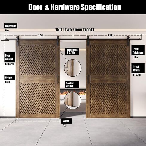 Homacer Dark Walnut 48 in. x 84 in. Diamond Design Two Barn Door with Non-Bypass Installation Hardware Kit, 18ft Track, Interior use only in Saudi Arabia