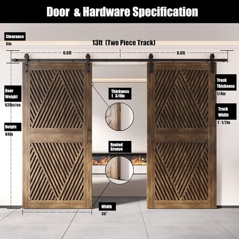 Homacer Dark Walnut 48 in. x 84 in. Diamond Design Two Barn Door with Non-Bypass Installation Hardware Kit, 18ft Track, Interior use only in Saudi Arabia