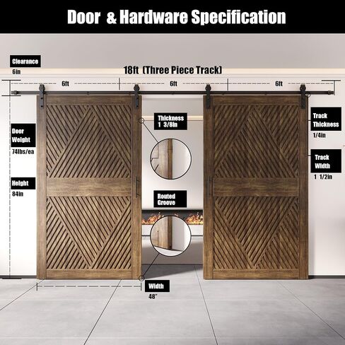 Homacer Dark Walnut 48 in. x 84 in. Diamond Design Two Barn Door with Non-Bypass Installation Hardware Kit, 18ft Track, Interior use only in Saudi Arabia