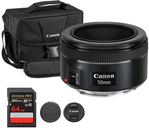 عدسة كانون EF 50 ملم f/1.8 STM | برايم قياسي مدمج مع فتحة f/1.8 ساطعة وتركيز تلقائي سلس STM | للصور الشخصية والتصوير الفوتوغرافي في الإضاءة المنخفضة والتصوير اليومي (0570C002) + حقيبة كتف + بطاقة سعة 64 جيجابايت in Saudi Arabia