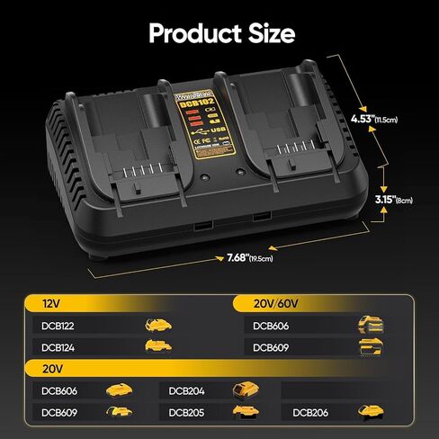 Professional Dual-Port Charger for Dewalt 12V/20V Max Lithium Batteries, Heavy-Duty Fast Charger with 2 USB Ports, Compatible with DCB203 DCB204 DCB205 DCB206 DCB120 DCB127 (Black) in Saudi Arabia
