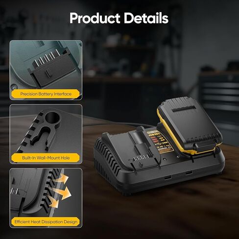 Professional Dual-Port Charger for Dewalt 12V/20V Max Lithium Batteries, Heavy-Duty Fast Charger with 2 USB Ports, Compatible with DCB203 DCB204 DCB205 DCB206 DCB120 DCB127 (Black) in Saudi Arabia