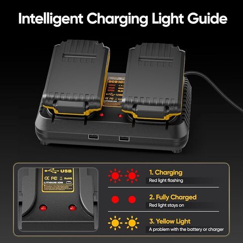 Professional Dual-Port Charger for Dewalt 12V/20V Max Lithium Batteries, Heavy-Duty Fast Charger with 2 USB Ports, Compatible with DCB203 DCB204 DCB205 DCB206 DCB120 DCB127 (Black) in Saudi Arabia