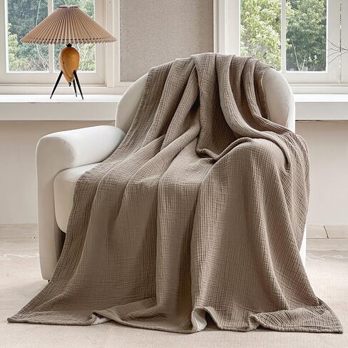FALUCA Cotton Muslin Reversible Blanket 50x60 Inches for Bed, Couch, Four Layers Blanket, Soft Lightweight Cozy Breathable Farmhouse Decoration for All-Season, Brown in Saudi Arabia