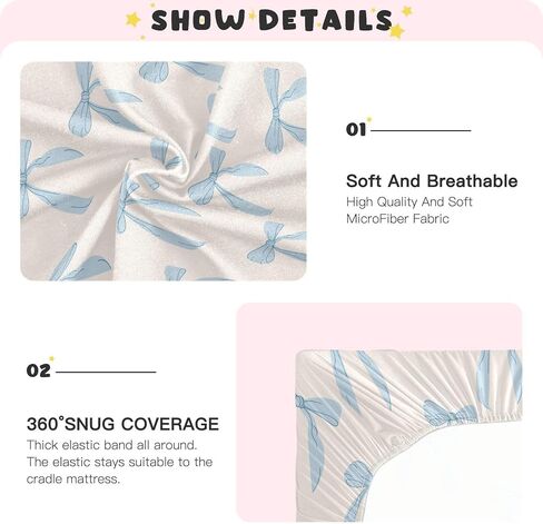 Coquette Bows Cute Blue Fitted Crib Sheets Stretchy Portable Playard Sheets for Baby Toddler, Breathable Soft Mini Crib Mattress 52 x 28 in for Boys and Girls in Kuwait