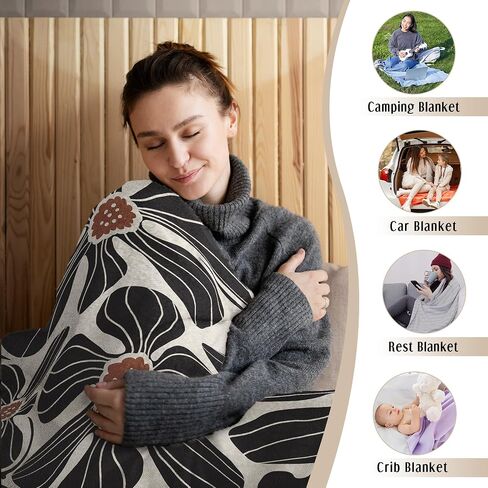 hiwx boho بطانية الأطفال الأزهار مجردة، بطانيات الأزهار بوهو، الحديثة بوهيميا زهرة سوداء رمي بطانية للأطفال الفتيات الحضانة غرفة نوم طفل صغير غرفة نوم المنزل مكتب الأريكة السرير الديكور، 40x30 بوصة in Kuwait
