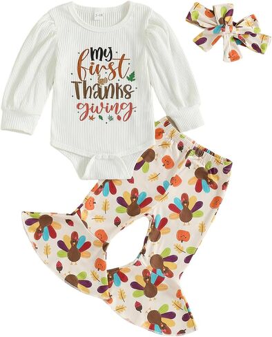 Newborn Baby Girl Thanksgiving Outfit Turkey Long Sleeve Bubble Romper Bodysuit Flare Pants Set Cute Fall Clothes in Saudi Arabia