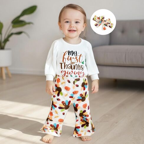 Newborn Baby Girl Thanksgiving Outfit Turkey Long Sleeve Bubble Romper Bodysuit Flare Pants Set Cute Fall Clothes in Saudi Arabia