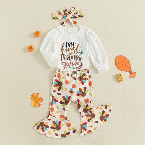 Newborn Baby Girl Thanksgiving Outfit Turkey Long Sleeve Bubble Romper Bodysuit Flare Pants Set Cute Fall Clothes in Saudi Arabia