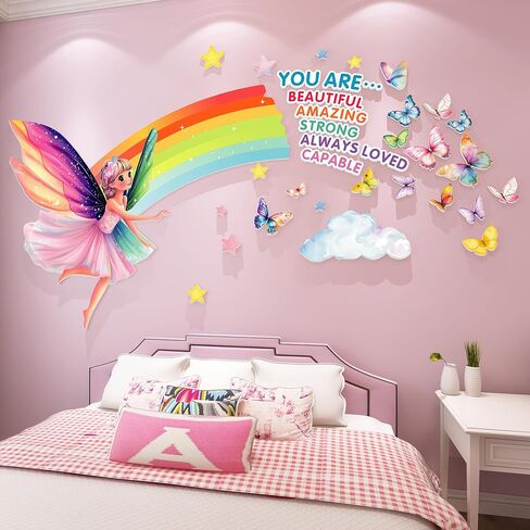 Fairy Wall Stickers for Girls Room Wall Decals Peel and Stick for Girls Bedroom Large Pink Princess Pictures Kids Murals Wallpaper Art Inspirational Decor for Nursery Toddler in Saudi Arabia