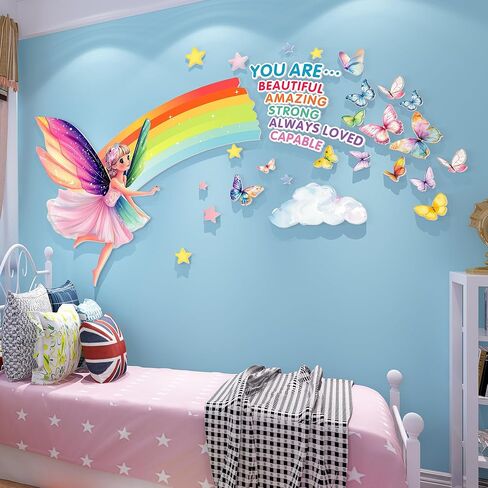Fairy Wall Stickers for Girls Room Wall Decals Peel and Stick for Girls Bedroom Large Pink Princess Pictures Kids Murals Wallpaper Art Inspirational Decor for Nursery Toddler in Saudi Arabia