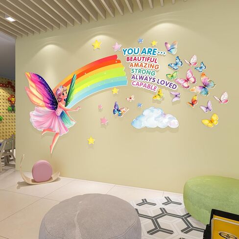 Fairy Wall Stickers for Girls Room Wall Decals Peel and Stick for Girls Bedroom Large Pink Princess Pictures Kids Murals Wallpaper Art Inspirational Decor for Nursery Toddler in Saudi Arabia